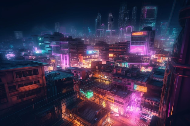 Una città illuminata al neon con un'insegna al neon che dice cyberpunk.