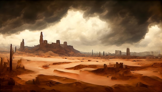 Una città in rovina nel surrealismo del deserto