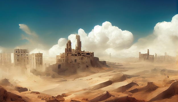 Una città in rovina nel surrealismo del deserto