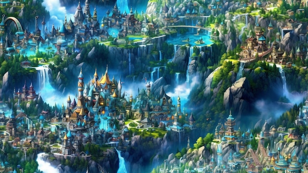 Una città in un paesaggio montano con un castello e una cascata.