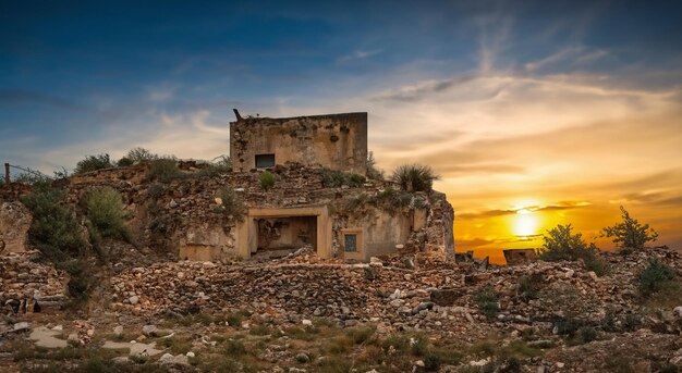 Una città incredibile in rovina in mezzo al deserto con un bellissimo tramonto in alta definizione