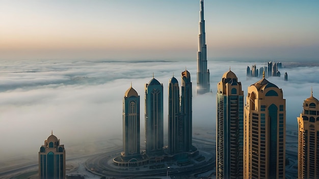 una città nella nebbia con la parola hotel in cima