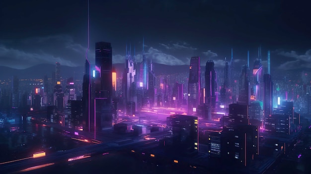 Una città nella notte dalle luci viola