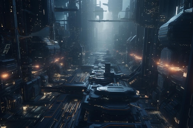 Una città oscura con un paesaggio urbano oscuro e alcuni edifici con le parole "cyberpunk" in basso a destra.