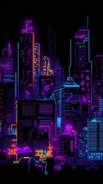 Una città oscura con un paesaggio urbano viola e blu al neon.