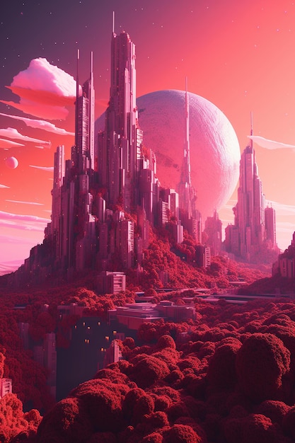 Una città rossa con un grande pianeta al centro