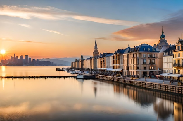 una città si riflette nell'acqua al tramonto.