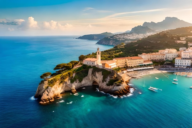 Una città si trova su una scogliera a picco sull'oceano.