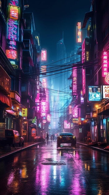 Una città sotto la pioggia con insegne al neon