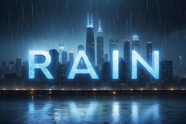 Una città sotto la pioggia con una luce blu e la parola pioggia su di essa