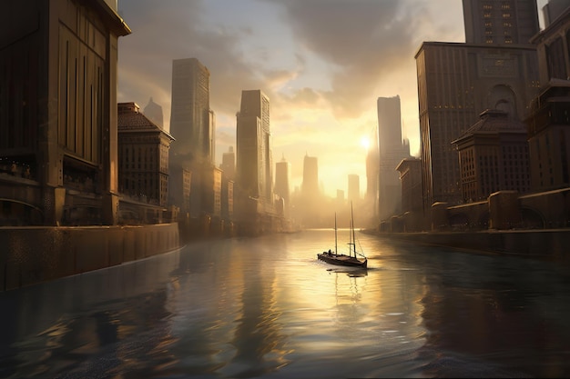Una città sul fiume con una barca in acqua