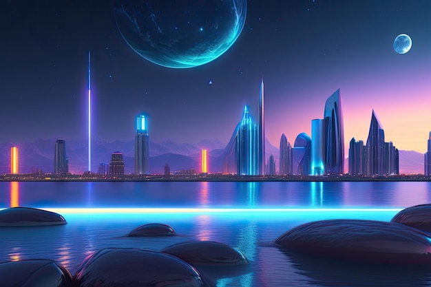 Una città sul mare con un pianeta al centro