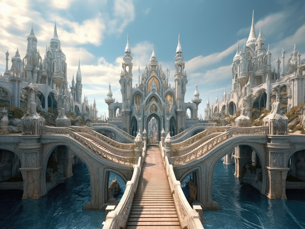 Una città sull'acqua con un ponte nello stile dell'architettura ispirata alla mitologia con un cielo luminoso sullo sfondo IA generativa