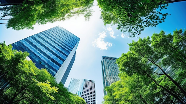 Una città verde con alberi in primo piano