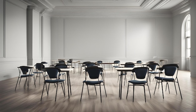 una classe con sedie e una parete bianca con uno sfondo bianco