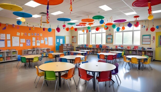 Una classe scolastica con sedie e tavoli colorati per i bambini