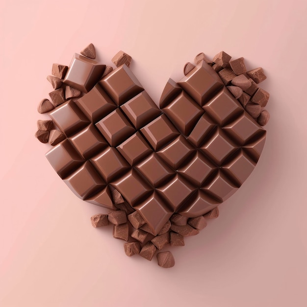 Una classica barretta di cioccolato a forma di cuore con cubi uniformi annidati su una vista superficiale contro una pasta