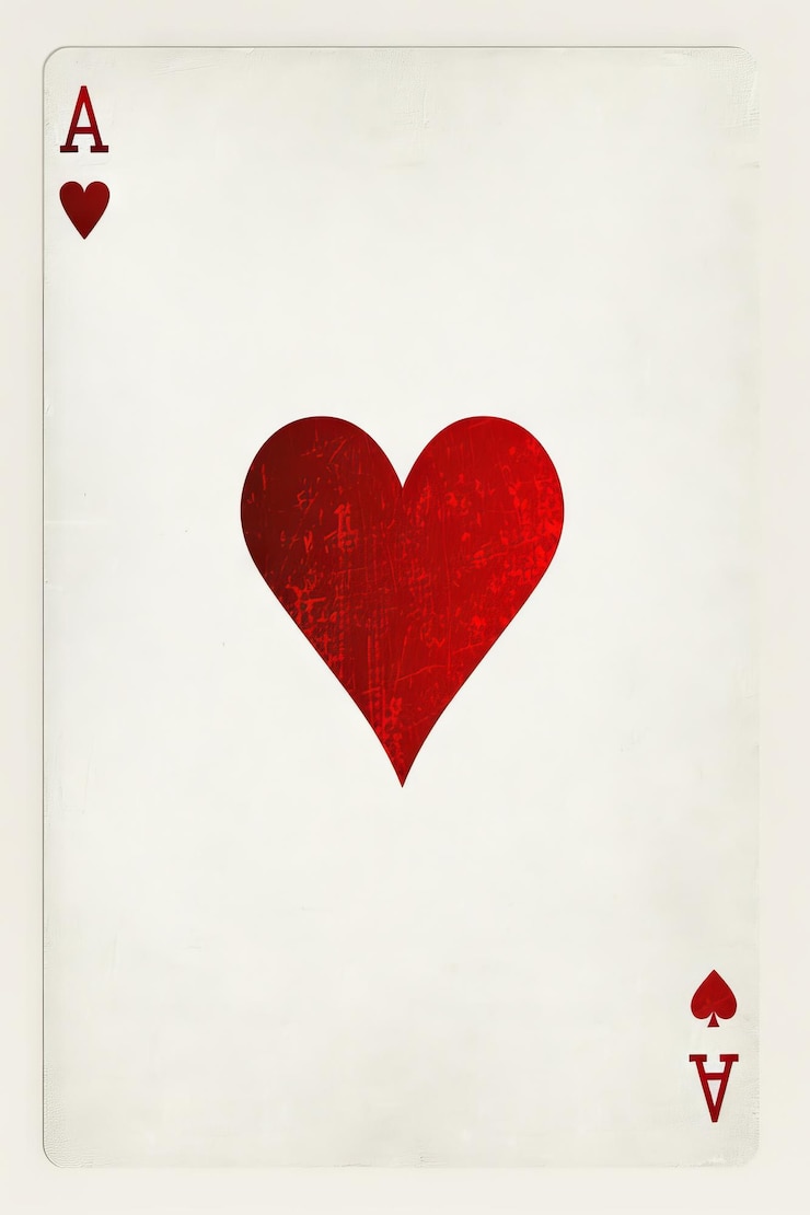 Foto una classica carta da gioco ace of hearts con un cuore rosso testurato su uno sfondo bianco intemperato