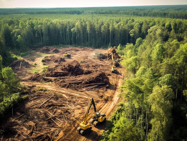 Una clearing forestale con un grande escavatore in primo piano e alberi sullo sfondo.