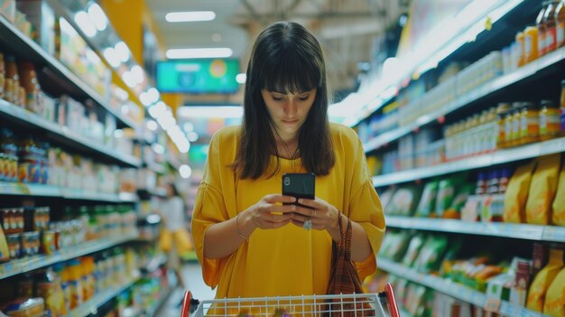 Una cliente femminile che cammina nel supermercato con un carrello usando uno smartphone per comprare generi alimentari Una cliente donna che compra con una lista di controllo che prende i prodotti dallo scaffale