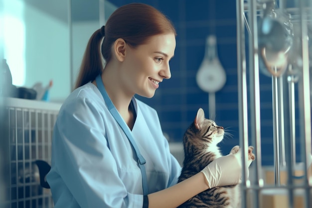 Una clinica veterinaria con un veterinario che esamina le strutture mediche di un animale domestico IA generativa