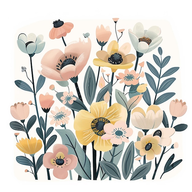 Una clippart vettoriale di fiori primaverili a colori pastello con forme semplici su uno sfondo bianco