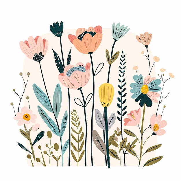 Una clippart vettoriale di fiori primaverili a colori pastello con forme semplici su uno sfondo bianco