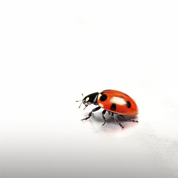 Una coccinella è su una superficie bianca con uno sfondo bianco.