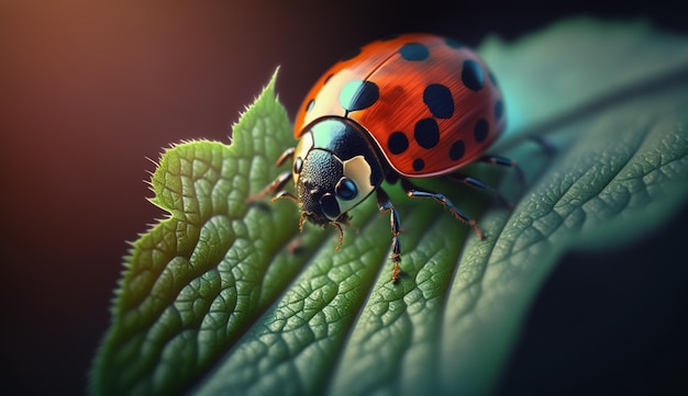 Una coccinella maculata striscia su una foglia verde generata dall'IA