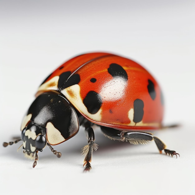 Una coccinella rossa e nera con macchie nere sul corpo