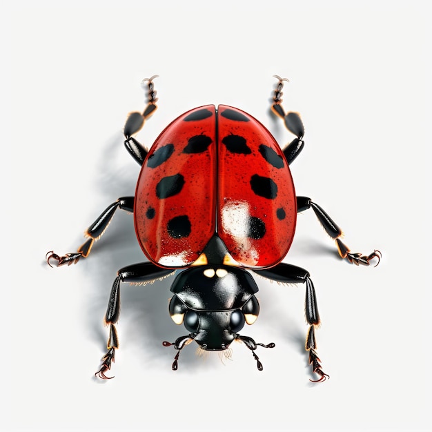 Una coccinella rossa e nera con punti neri è mostrata su uno sfondo bianco.