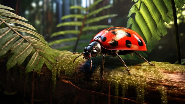 Una coccinella rossa su una foglia verde nella foresta