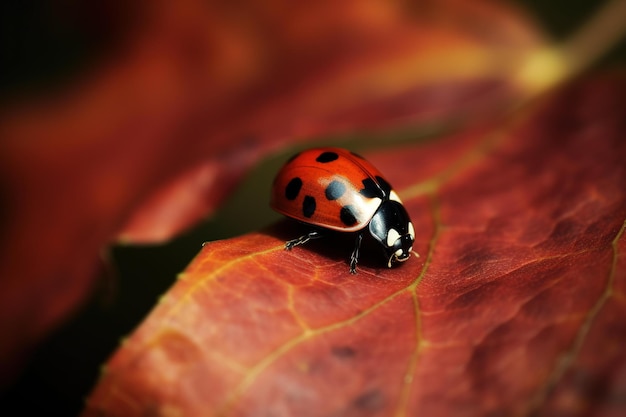 Una coccinella si siede su una foglia alla luce del sole.