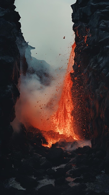 una colata di lava con un uomo in piedi sul bordo di essa