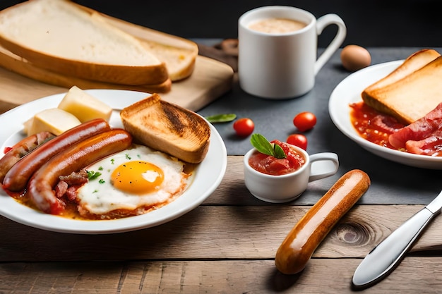 una colazione a base di uova, salsicce e pane tostato.