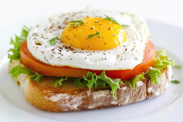 Una colazione abbondante con una vista isolata di un panino di uova su uno sfondo bianco