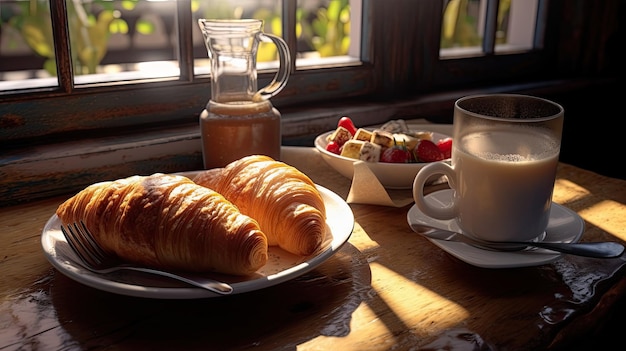 Una colazione di croissant, caffè e frutta.
