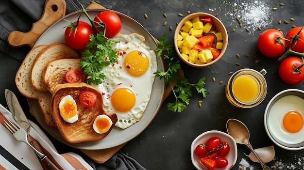 una colazione di uova, pomodori e altri cibi sono esposti su un tavolo