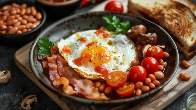 una colazione di uova, pomodori e salsicce sono su un piatto