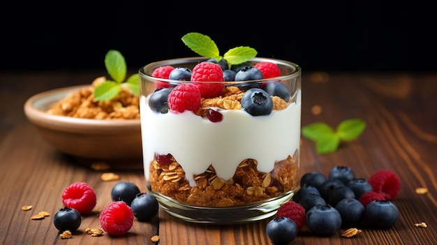 Una colazione sana, yogurt chiuso con granola e bacche sullo sfondo.