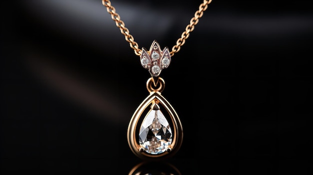 Una collana a forma di goccia fatta di oro e di diamanti posizionata sullo sfondo di un'IA generativa nera