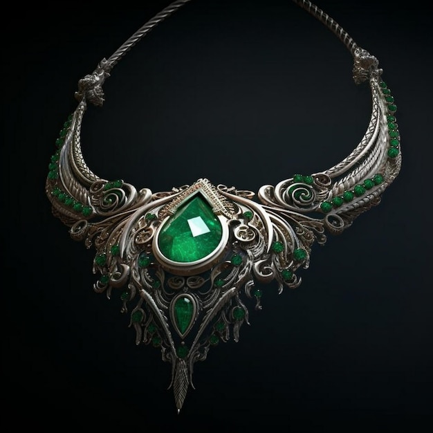 una collana con un diamante verde e argento e un diamante verde.