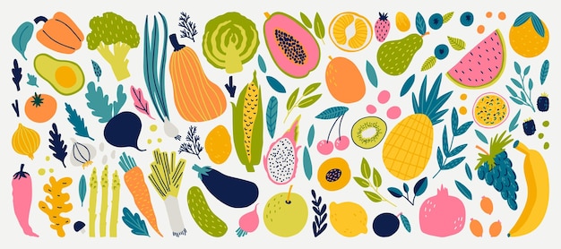 una collezione colorata di frutta e verdura, tra cui una che ha la parola frutta