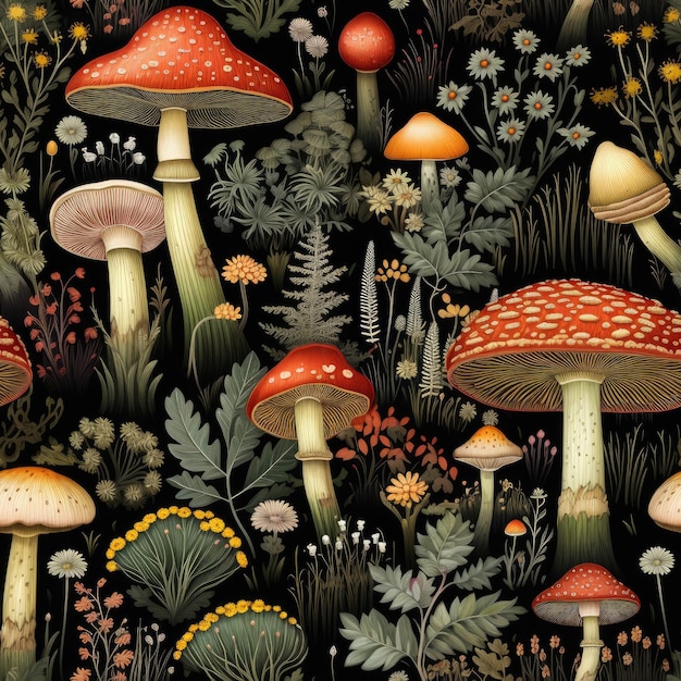 una collezione colorata di funghi e piante con un fiore giallo