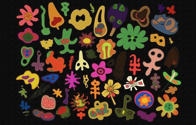una collezione colorata di personaggi dei cartoni animati tra cui una lettera a