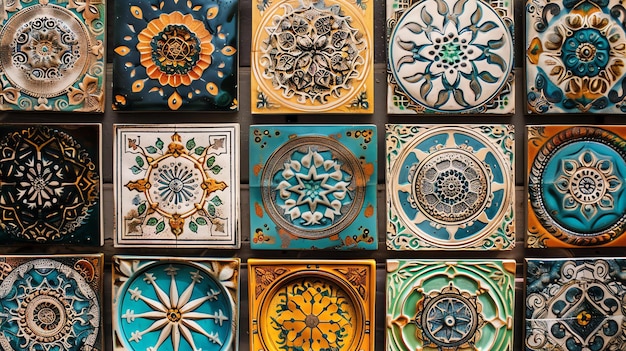 Una collezione di 12 piastrelle di ceramica colorate e intricate, ciascuna con un disegno unico ispirato ai disegni tradizionali marocchini