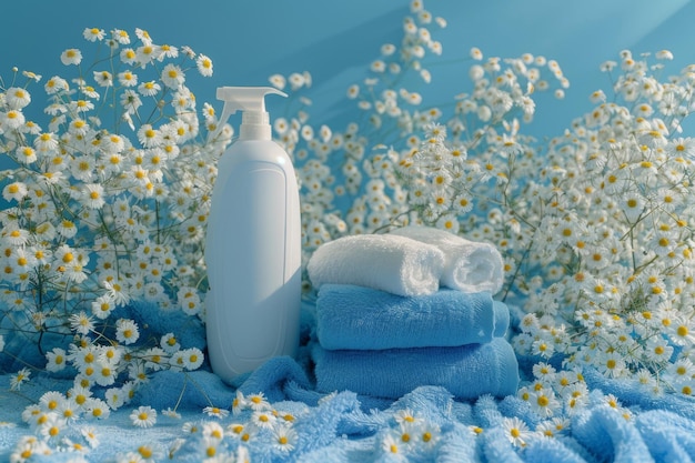 Una collezione di asciugamani blu una bottiglia spray e fiori di ciliegio rosa spruzzati di gocce d'acqua su una superficie texturata