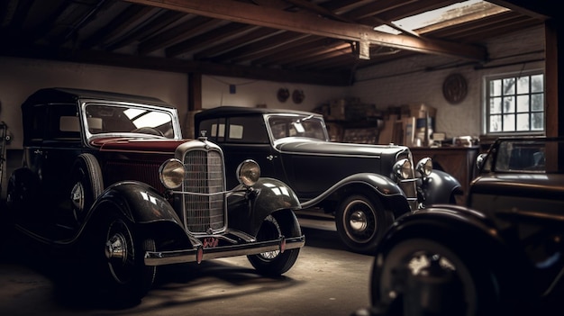 Una collezione di auto d'epoca in un garage