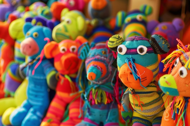 Una collezione di bambole di calzini vibranti in vendita in un mercato artigianale