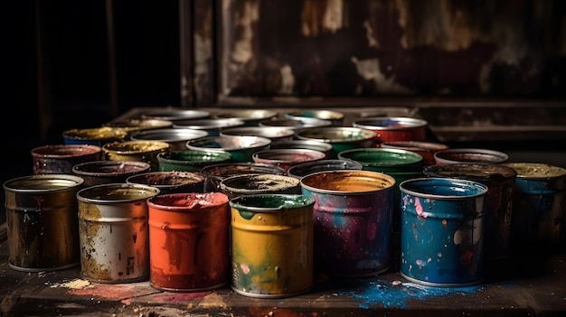 Una collezione di barattoli di vernice è allineata su un tavolo.